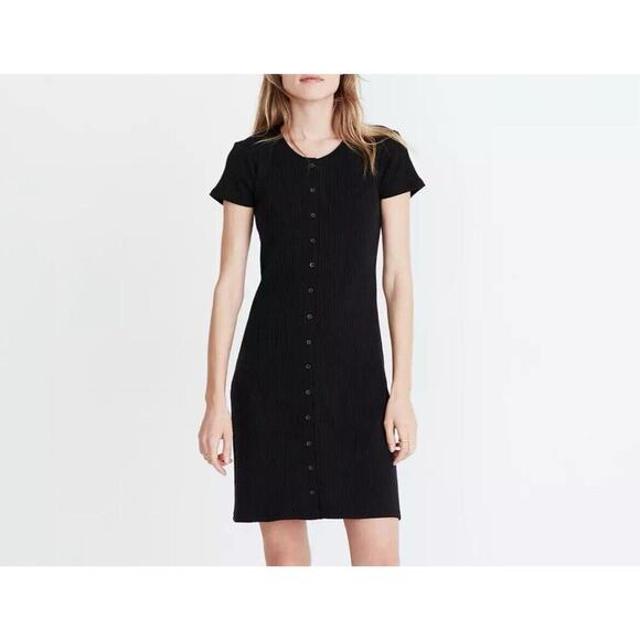 Madewell Dress Size Medium Button Front Ribbed Knit Mini Black Cotton Blend - Picture 1 of 9